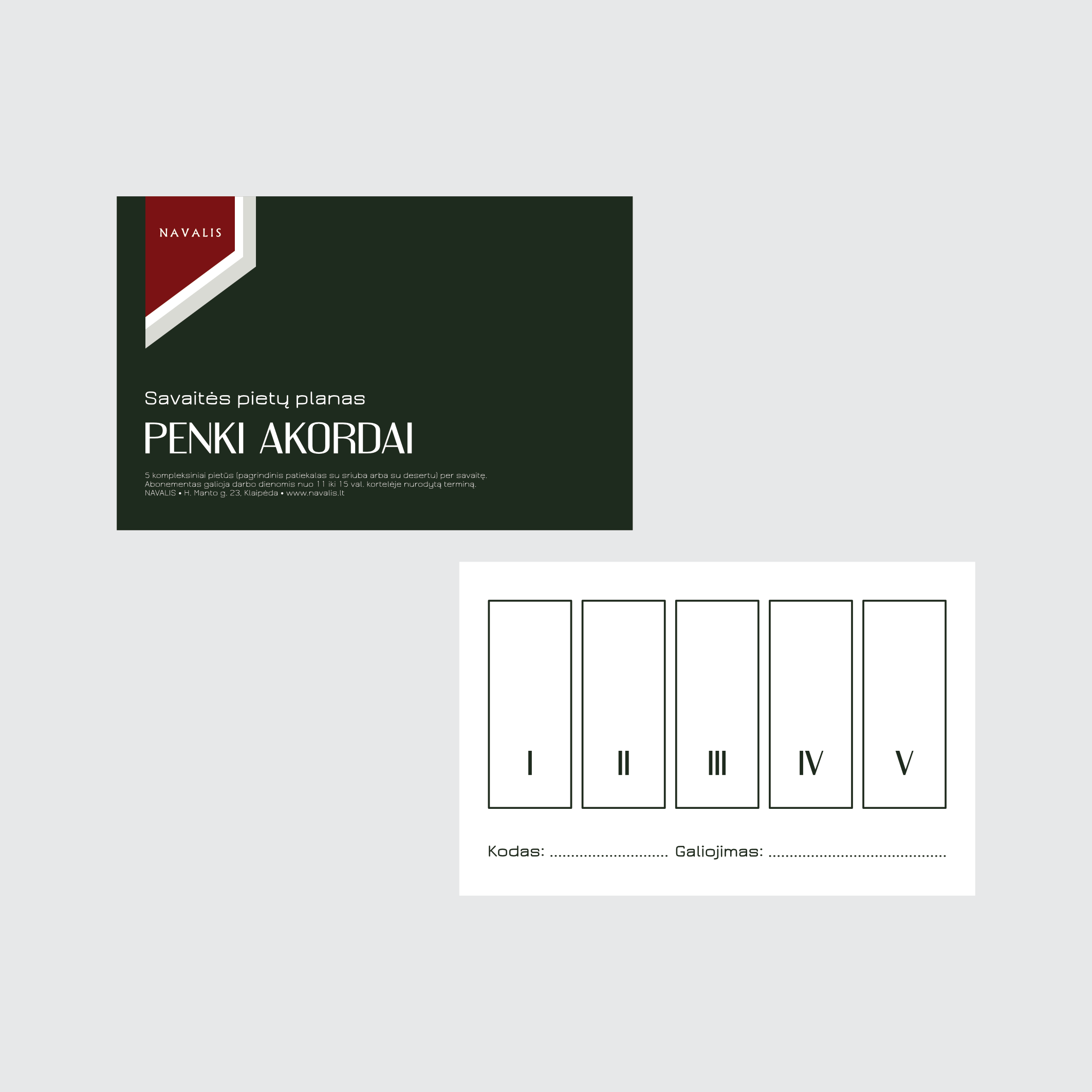 Grafinis dizainas. Tubinas viešbučių tinklo restorano NAVALIS abonemento kortelė. Firminis stilius.